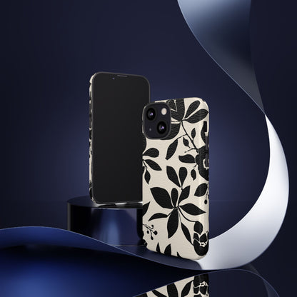 Black Floral Pattern Phone Case — Monochrome Botanical Tough Case