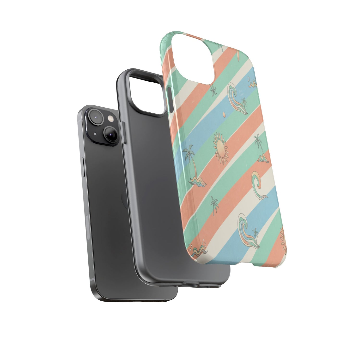 Retro Beach Stripes Phone Case — Sun, Waves & Palm Pattern Tough Case