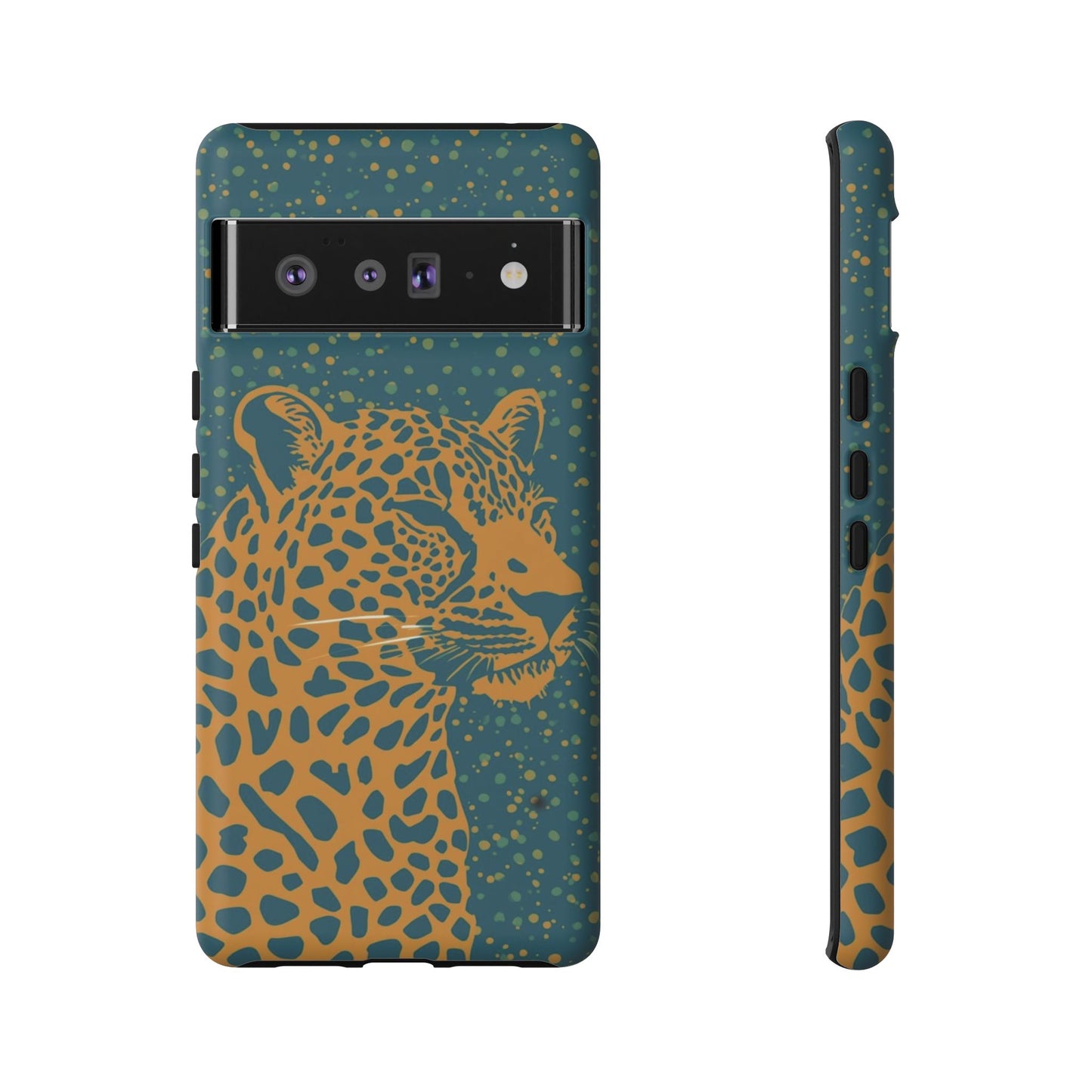 Leopard Print Tough Phone Case — Gold Panther on Teal, Protective iPhone Cover