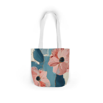 Floral Brushstroke Canvas Tote Bag — Pink Blossoms with Blue Straps
