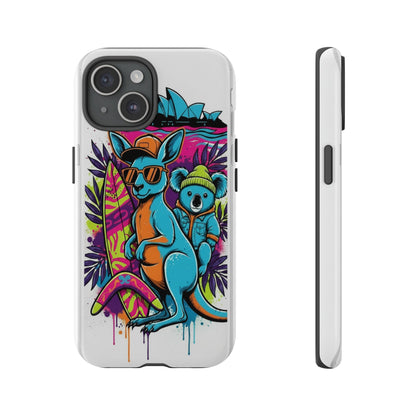 Kangaroo & Koala Surf Phone Case — Retro Neon Beach Art Tough Case
