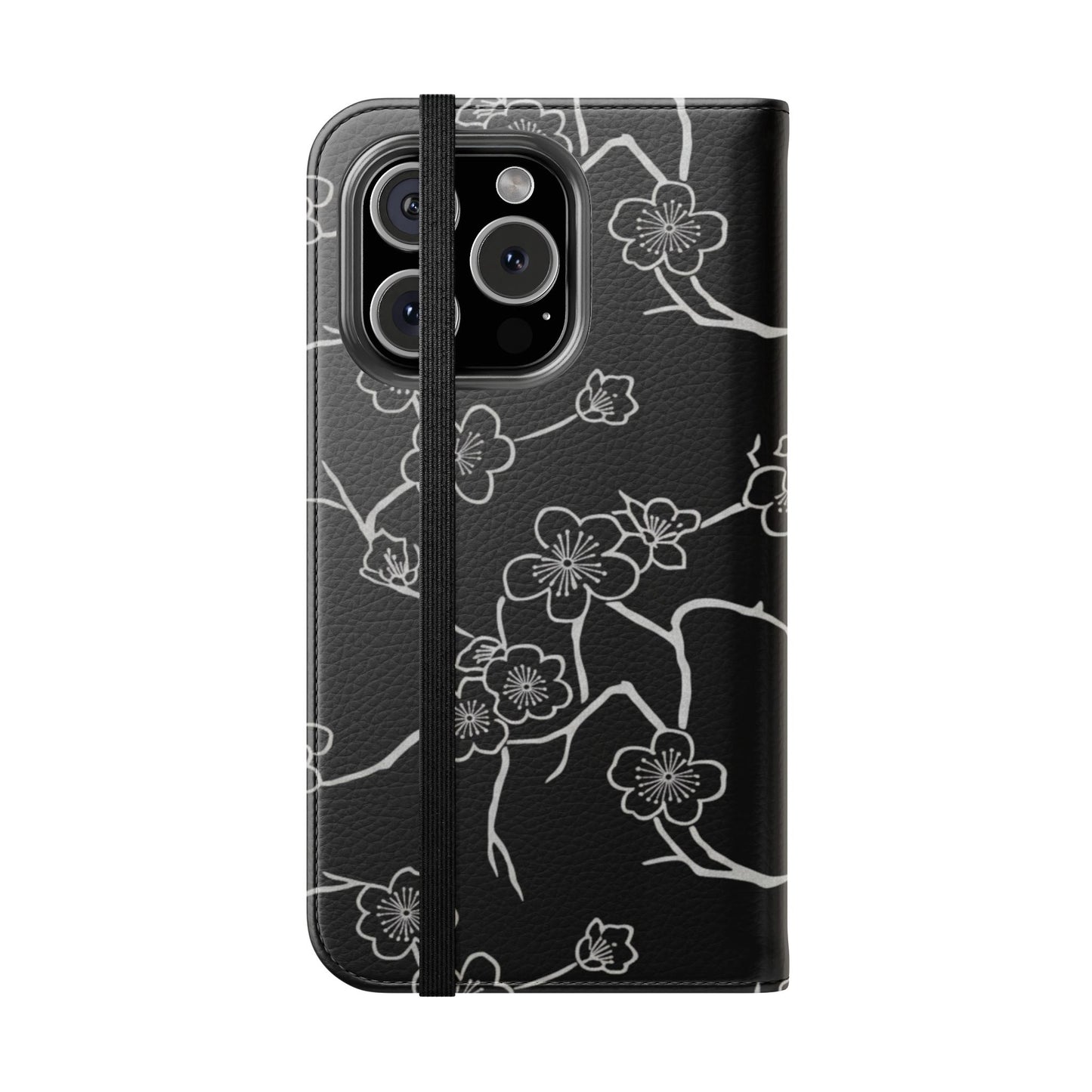 Black Cherry Blossom Flip Phone Case – Floral Wallet Flip Case with Card Slots