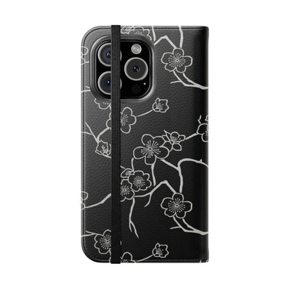 Black Cherry Blossom Flip Phone Case – Floral Wallet Flip Case with Card Slots