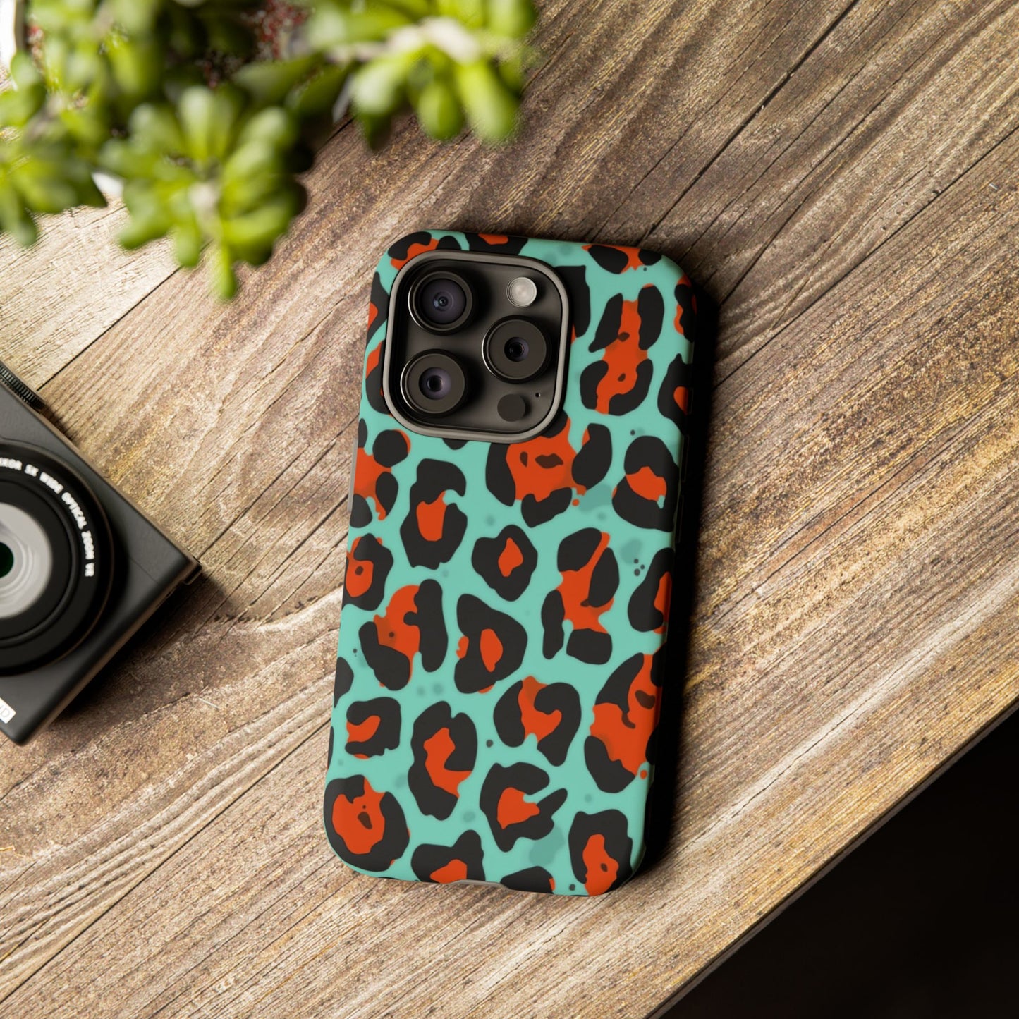Leopard Print Tough Phone Case — Teal & Rust Protective iPhone Cover