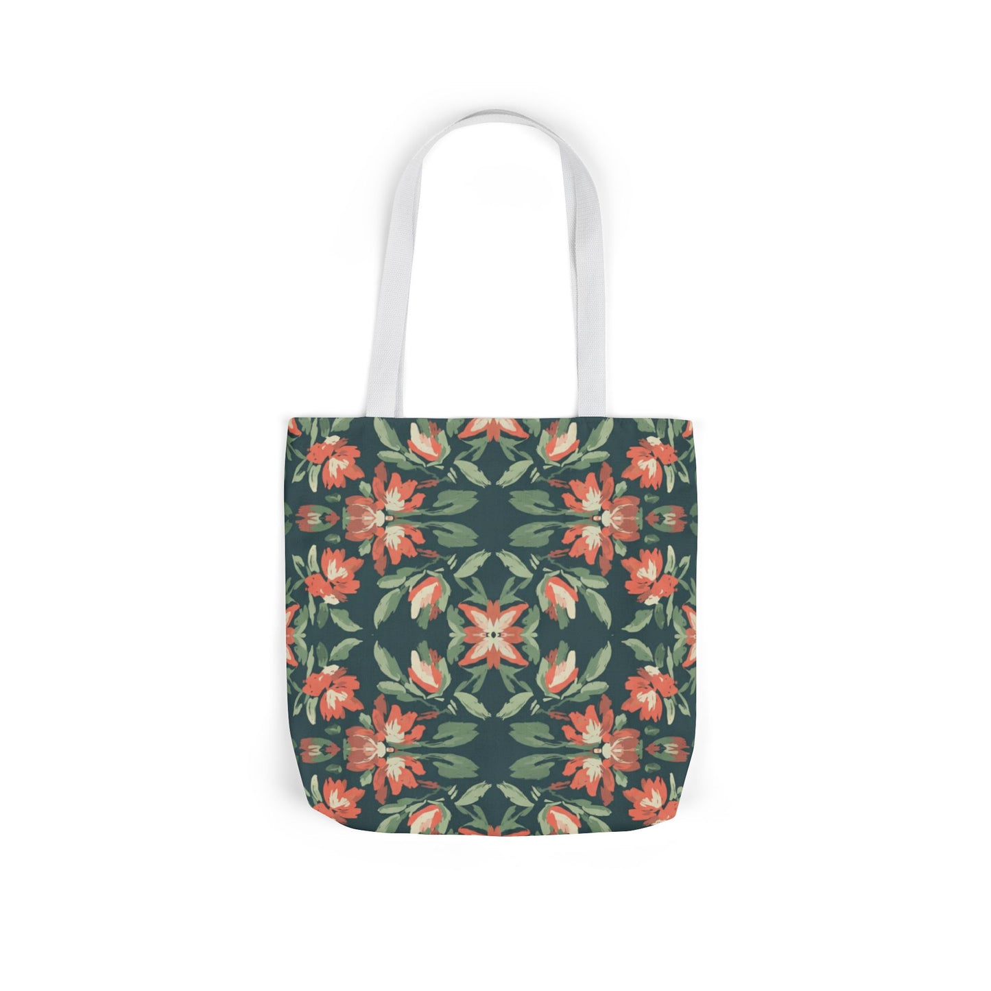 Floral Kaleidoscope Canvas Tote Bag — Green & Coral Patterned Market Tote
