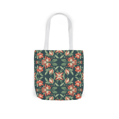 Floral Kaleidoscope Canvas Tote Bag — Green & Coral Patterned Market Tote