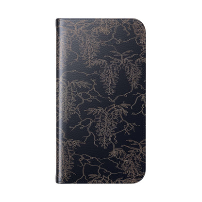 Botanical Noir Flip Phone Case — Dark Floral Wallet Cover with Card Slots