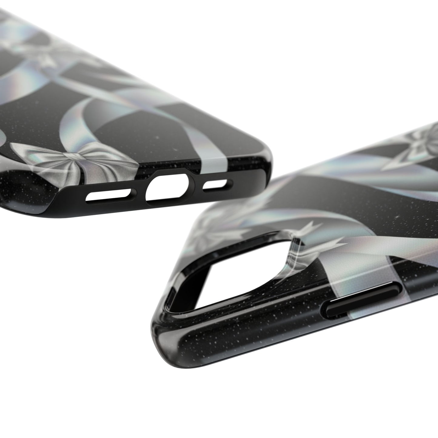 Silver Ribbon Bow Tough Phone Case — Glitter Black Protective Phone Case