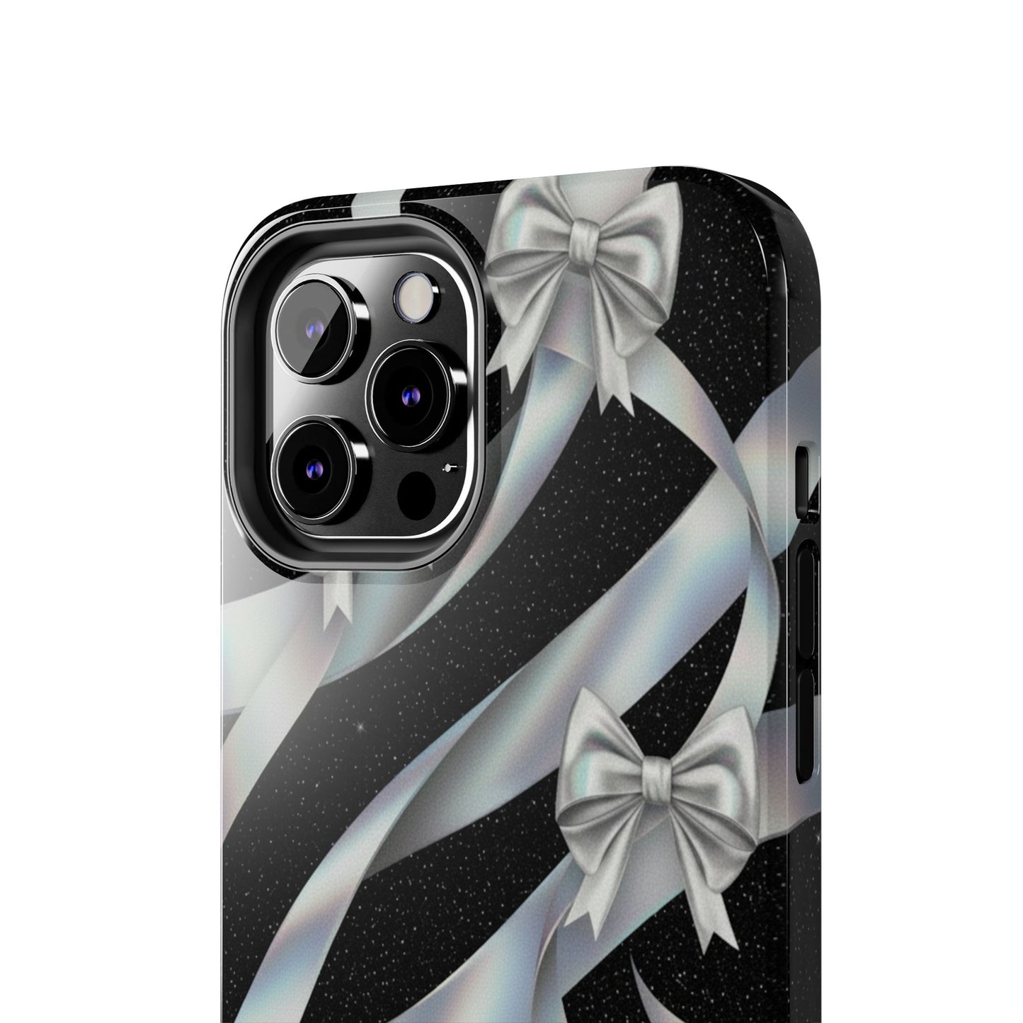 Silver Ribbon Bow Tough Phone Case — Glitter Black Protective Phone Case