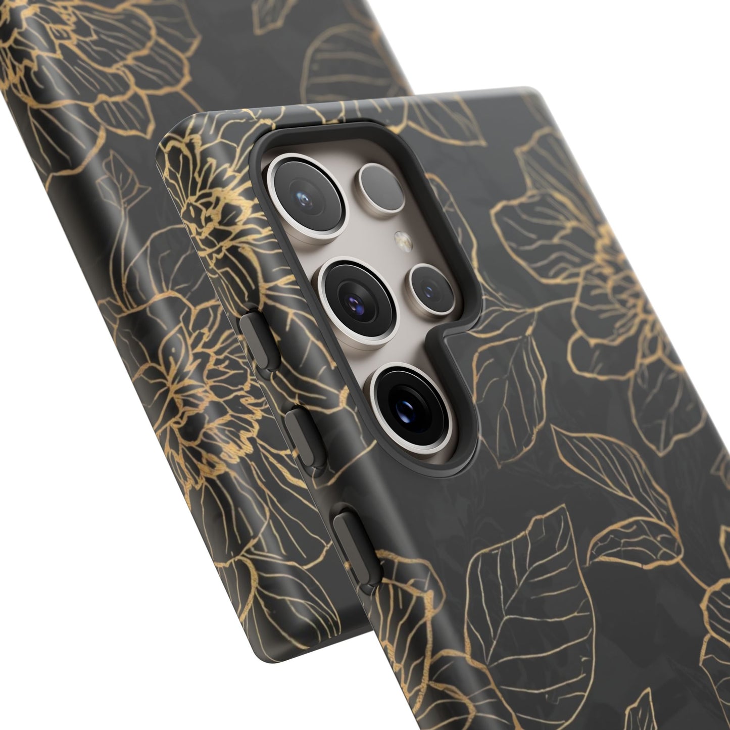 Floral Gold Outline Tough Phone Case – Black Botanical Protective Cover