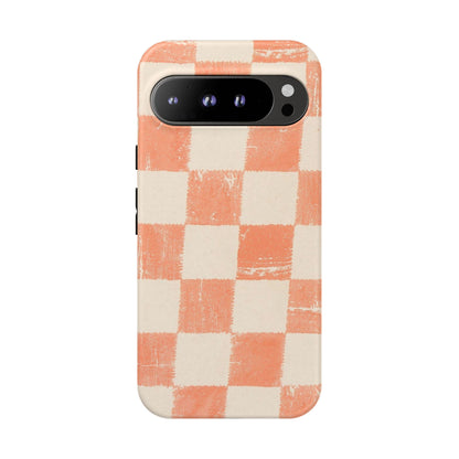 Peach Checkerboard Tough Phone Case — Retro Distressed Grid Design