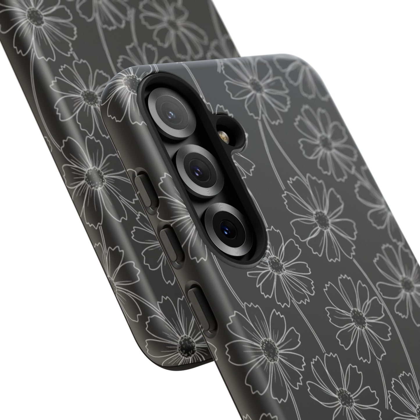 Floral Doodle Tough Phone Case — Black & Gray Daisy Pattern