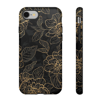 Floral Gold Outline Tough Phone Case – Black Botanical Protective Cover
