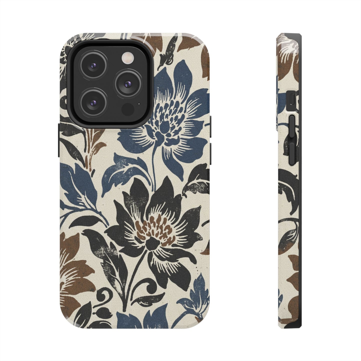 Floral Vintage Tough Phone Case — Blue & Brown Botanical Protection