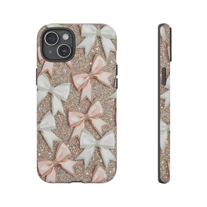 Glitter Bow Tough Phone Case — Pink & White Ribbon Protective Cover