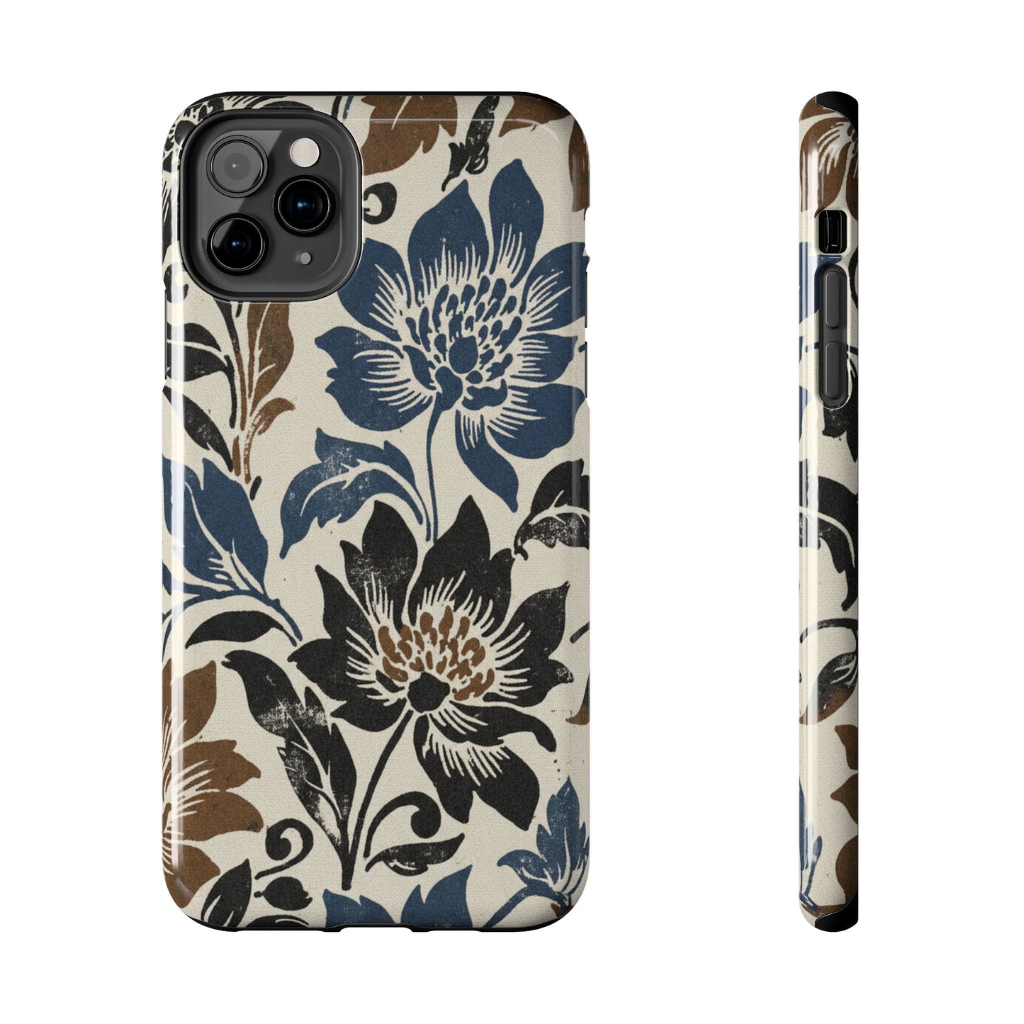 Floral Vintage Tough Phone Case — Blue & Brown Botanical Protection