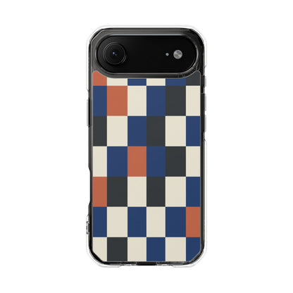 Clear Magnetic Phone Case — Retro Checkerboard Pattern (Blue, Black & Rust)