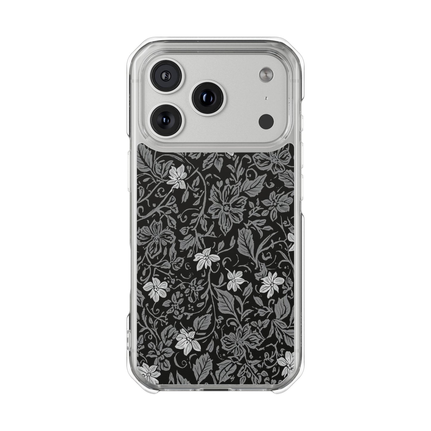 Clear Magnetic Phone Case — Black Floral Vine Design