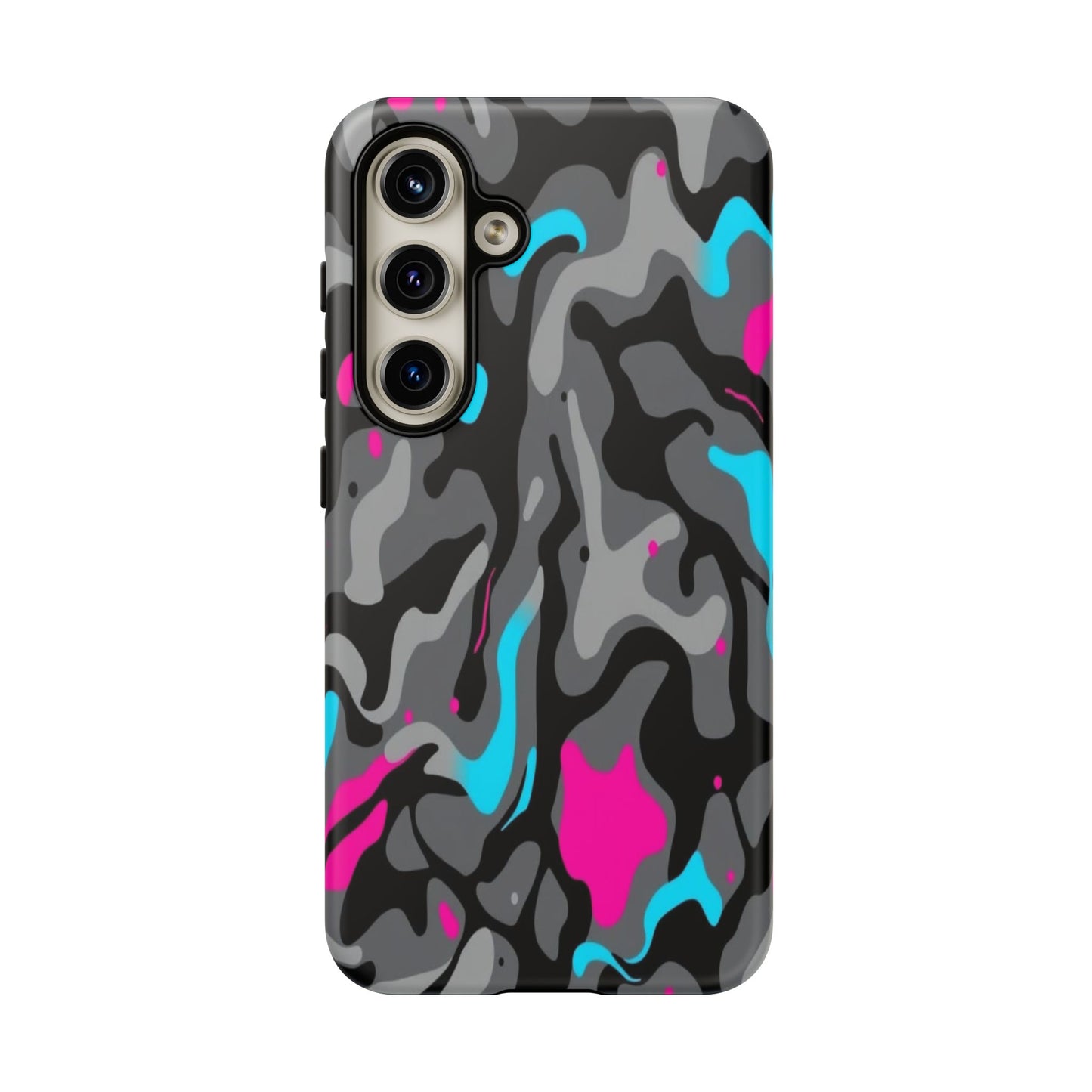 Camouflage Phone Case — Gray Camo with Neon Pink & Cyan Accent Tough Protective Cover