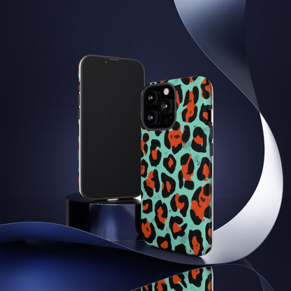 Leopard Print Tough Phone Case — Teal & Rust Protective iPhone Cover