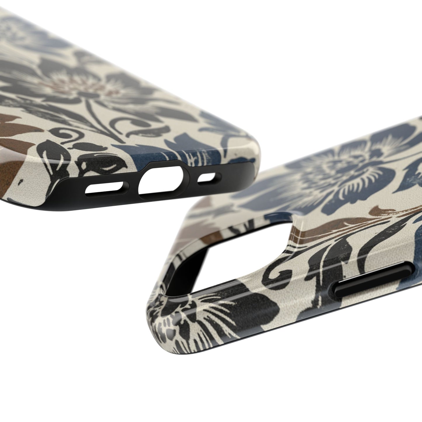 Floral Vintage Tough Phone Case — Blue & Brown Botanical Protection