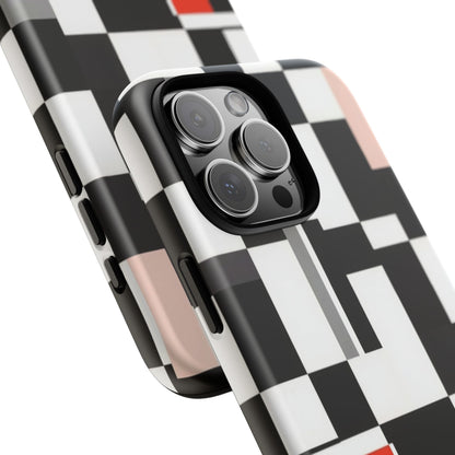 Abstract Geometric Phone Case – Black & White Checker Grid with Red Accent