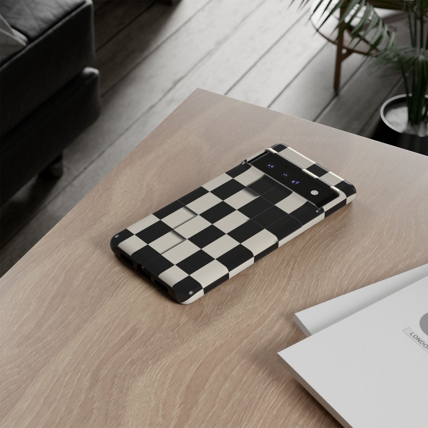 Checkerboard Tough Phone Case — Classic Black & Cream Grid Protective Cover