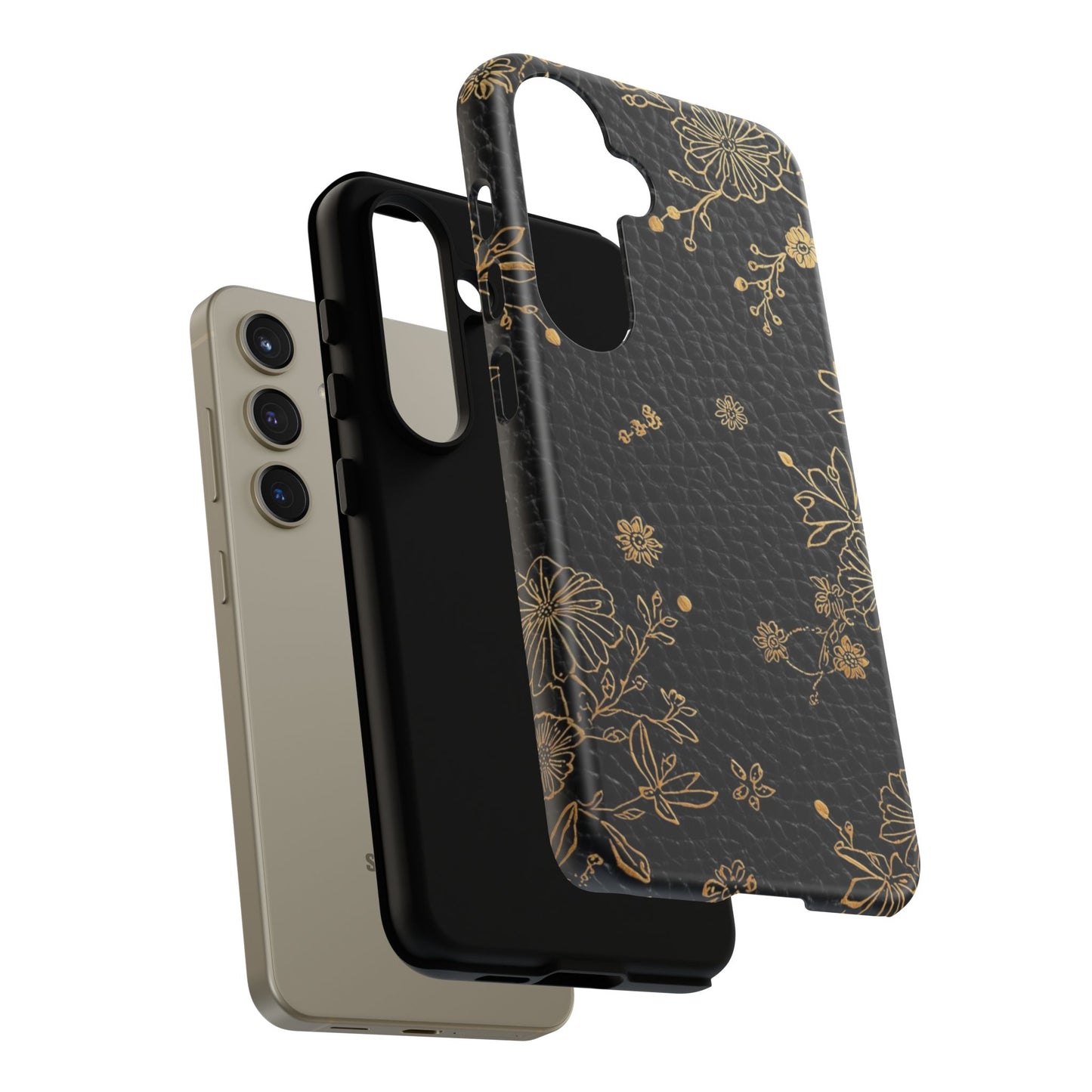 Floral Gold Foil Leather Texture Tough Phone Case