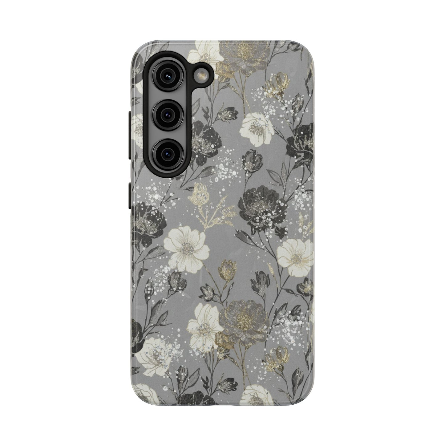 Floral Gray Tough Phone Case — Elegant Protective Phone Cover with Gold Accent