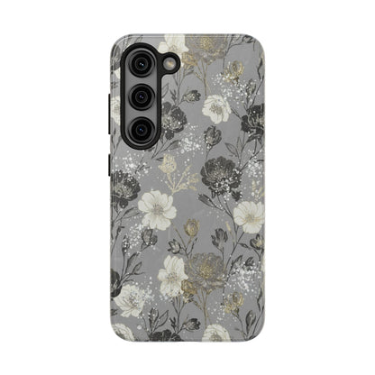Floral Gray Tough Phone Case — Elegant Protective Phone Cover with Gold Accent