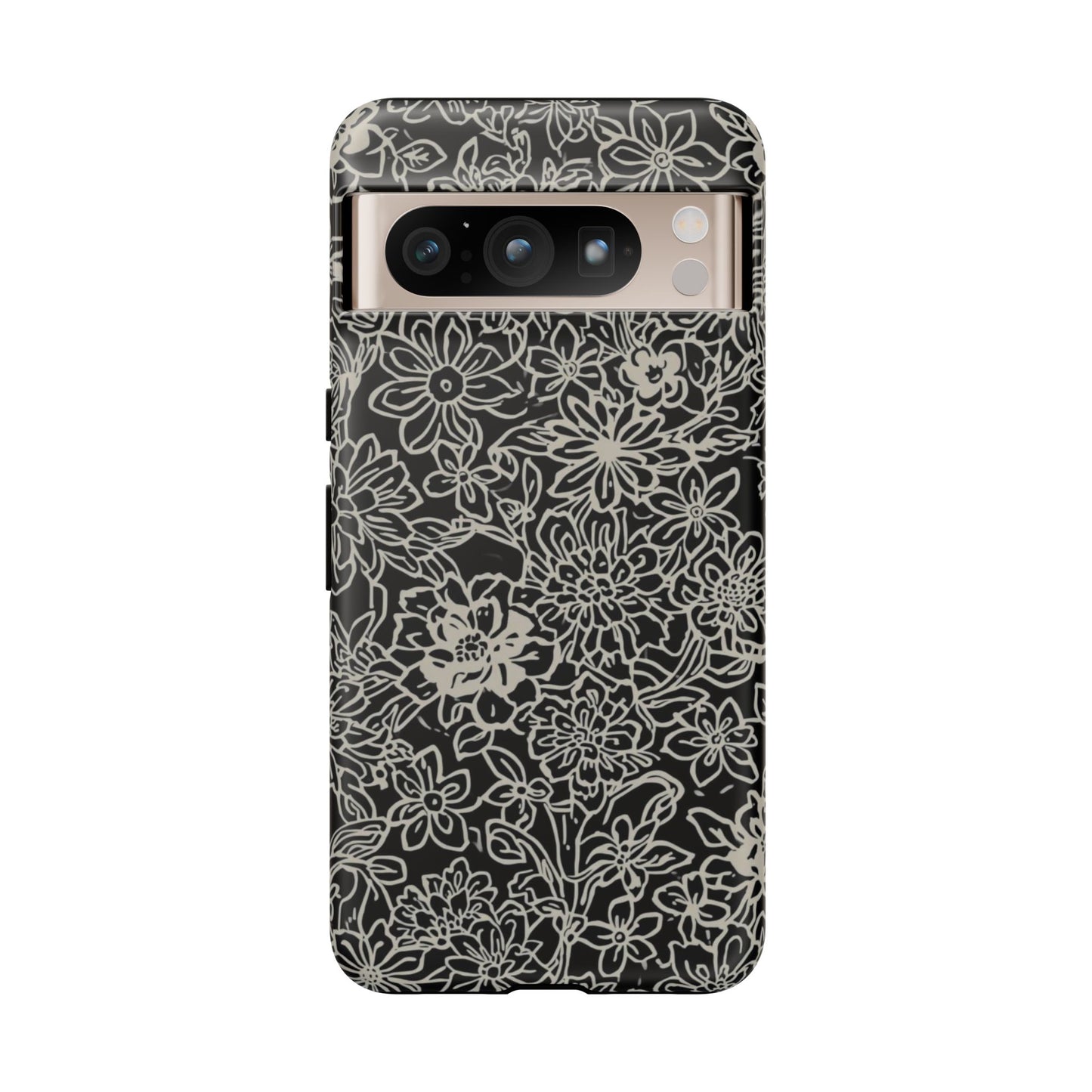 Floral Doodle Tough Phone Case — Black & White Sketch Flower Protective Cover