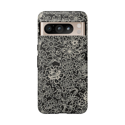 Floral Doodle Tough Phone Case — Black & White Sketch Flower Protective Cover