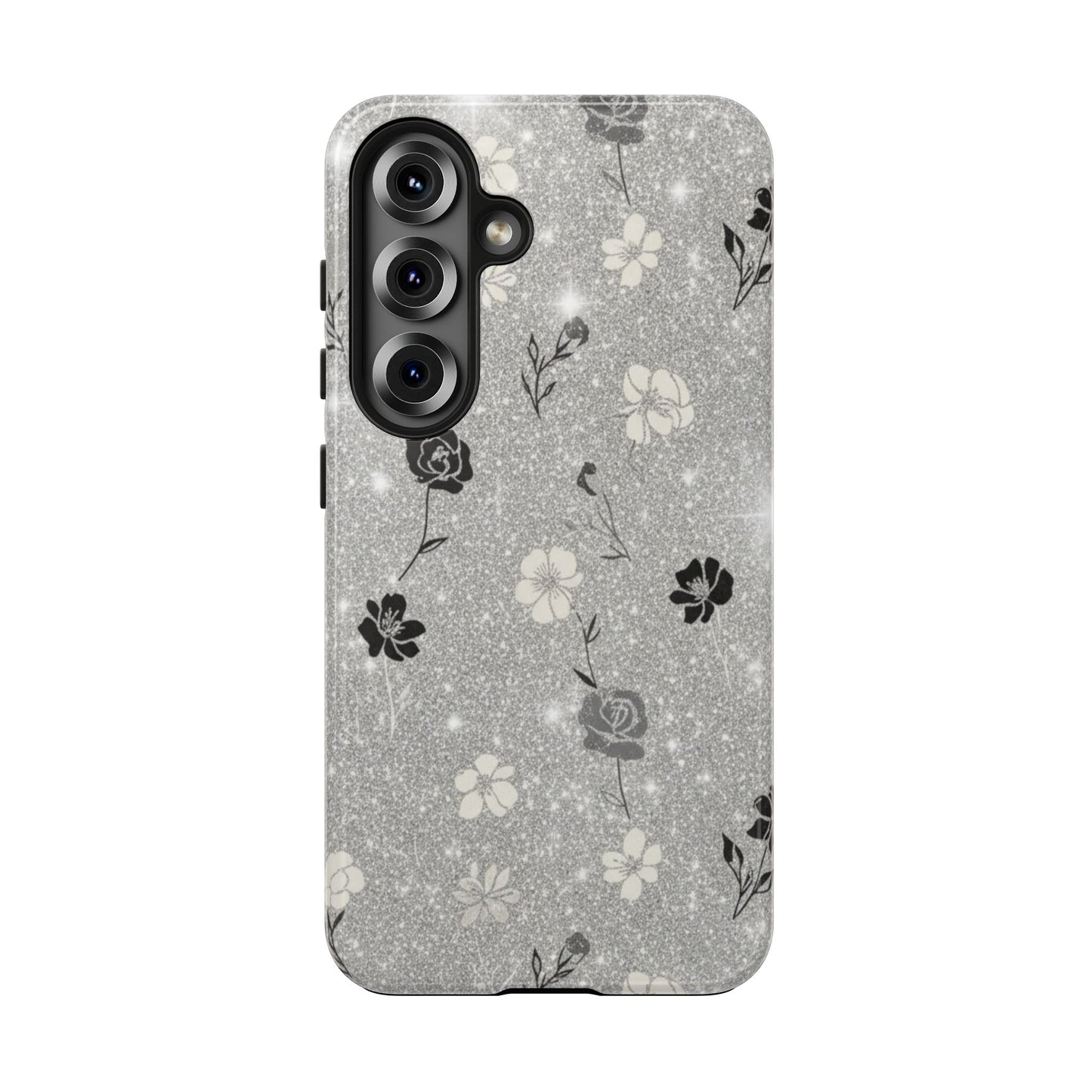 Floral Glitter Tough Phone Case — Black & Silver Vintage Flower Protective Cover