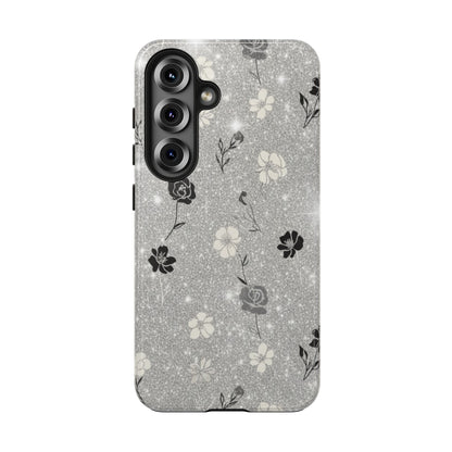 Floral Glitter Tough Phone Case — Black & Silver Vintage Flower Protective Cover