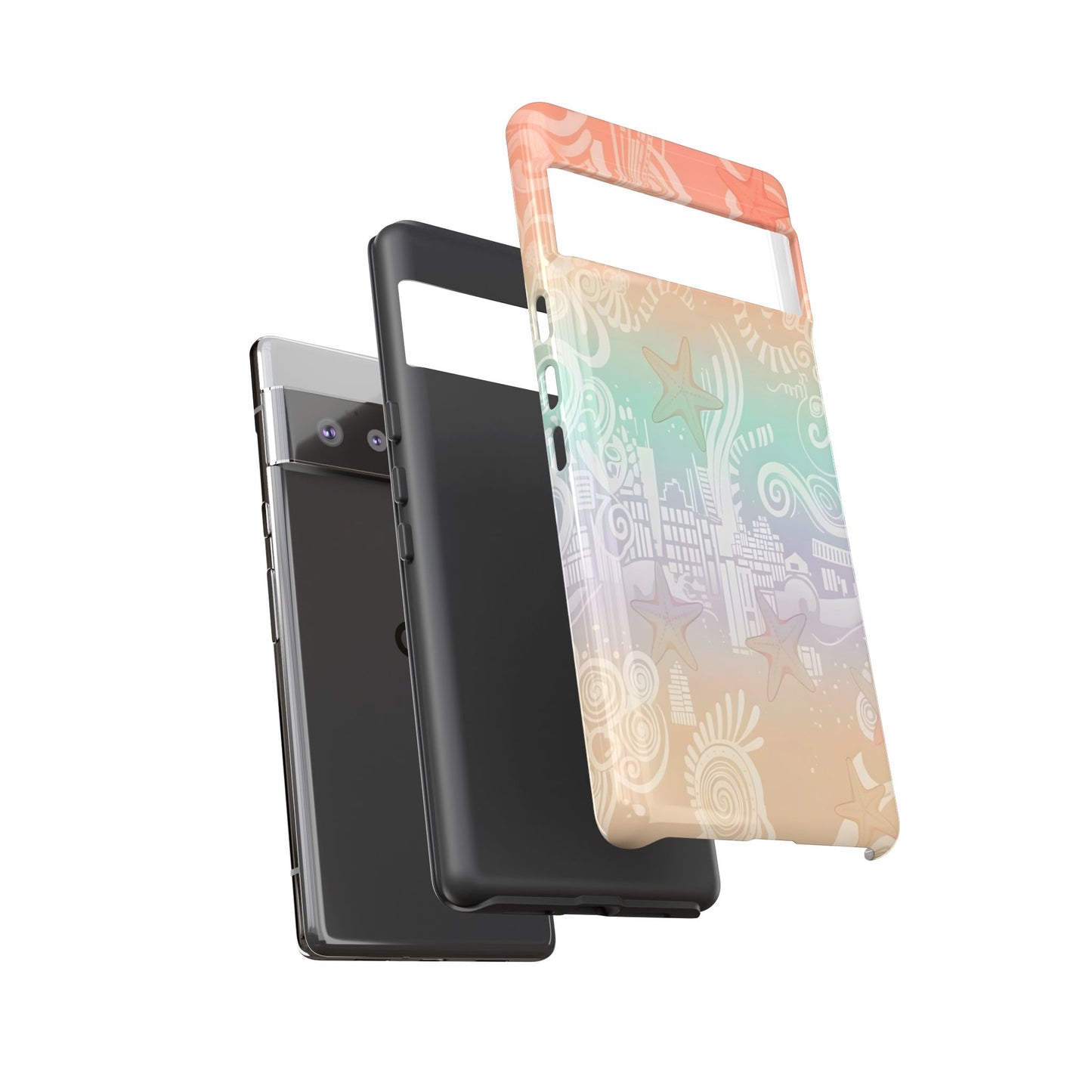 Tough Cases: Pastel Beach Pattern Phone Case — Starfish & Coastal Cityscape Protective Cover