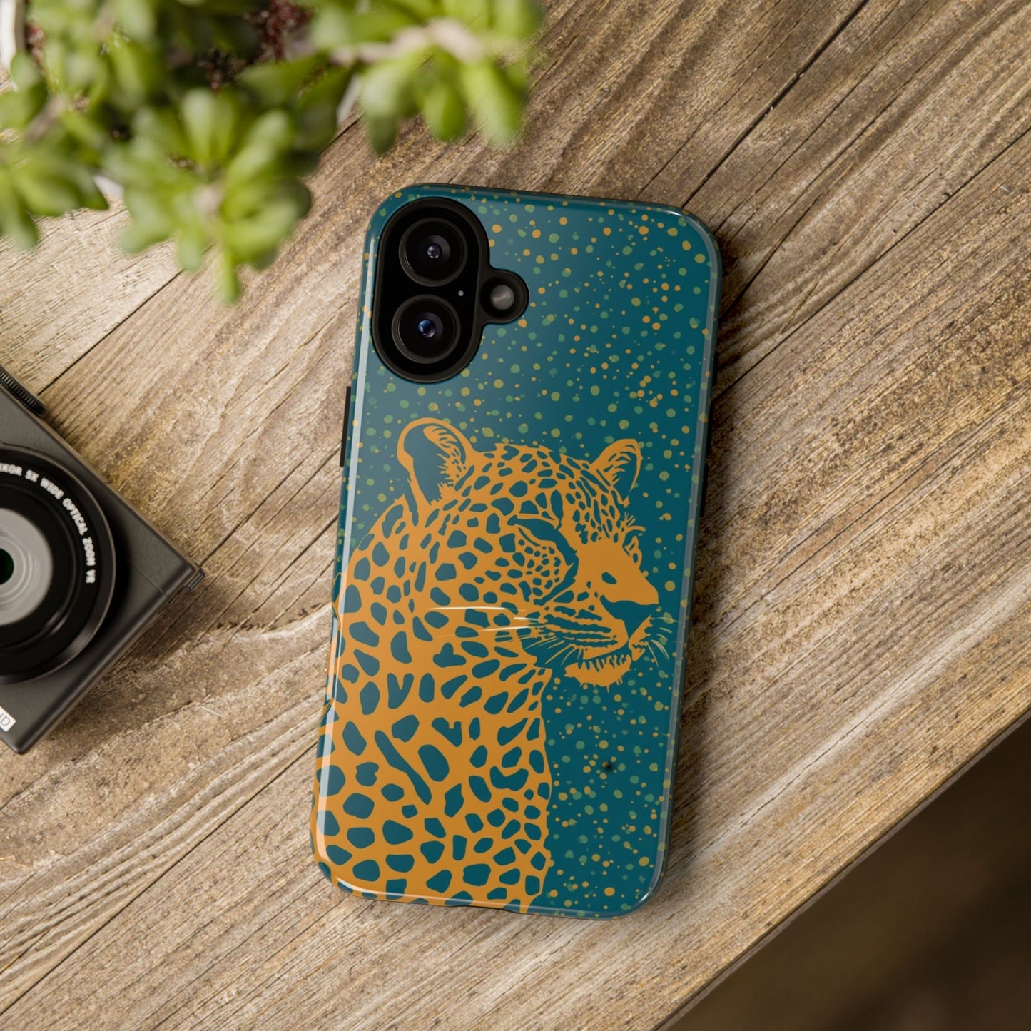 Leopard Spotlight Phone Case — Teal Gold Animal Print Protective Cover