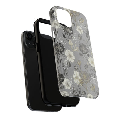 Floral Gray Tough Phone Case — Elegant Protective Phone Cover with Gold Accent