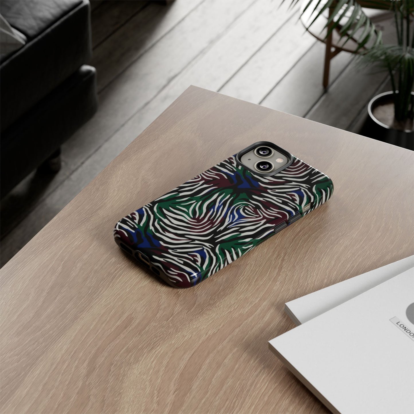 Zebra Camo Tough Phone Case – Green & Blue Animal Print Protective Cover
