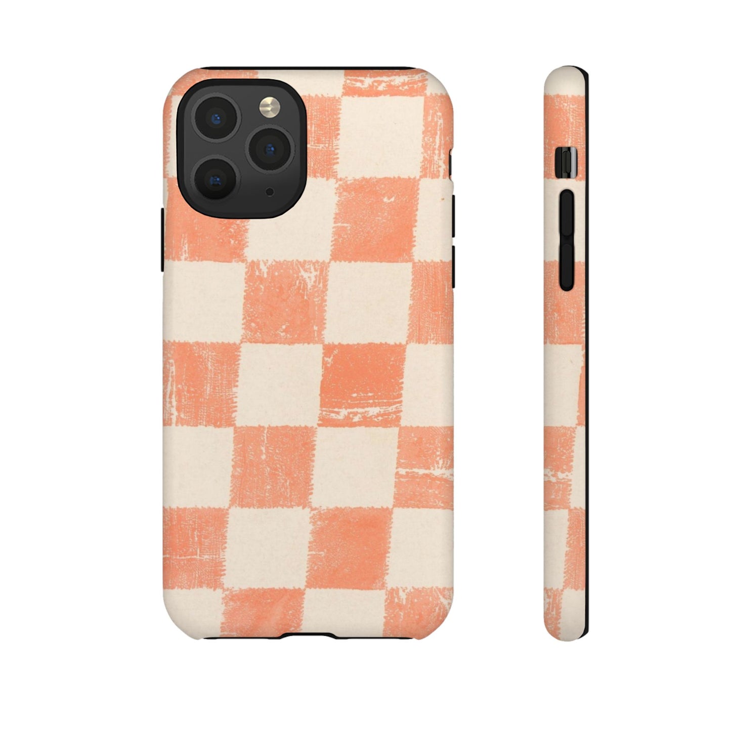 Peach Checkerboard Tough Phone Case — Retro Distressed Grid Design