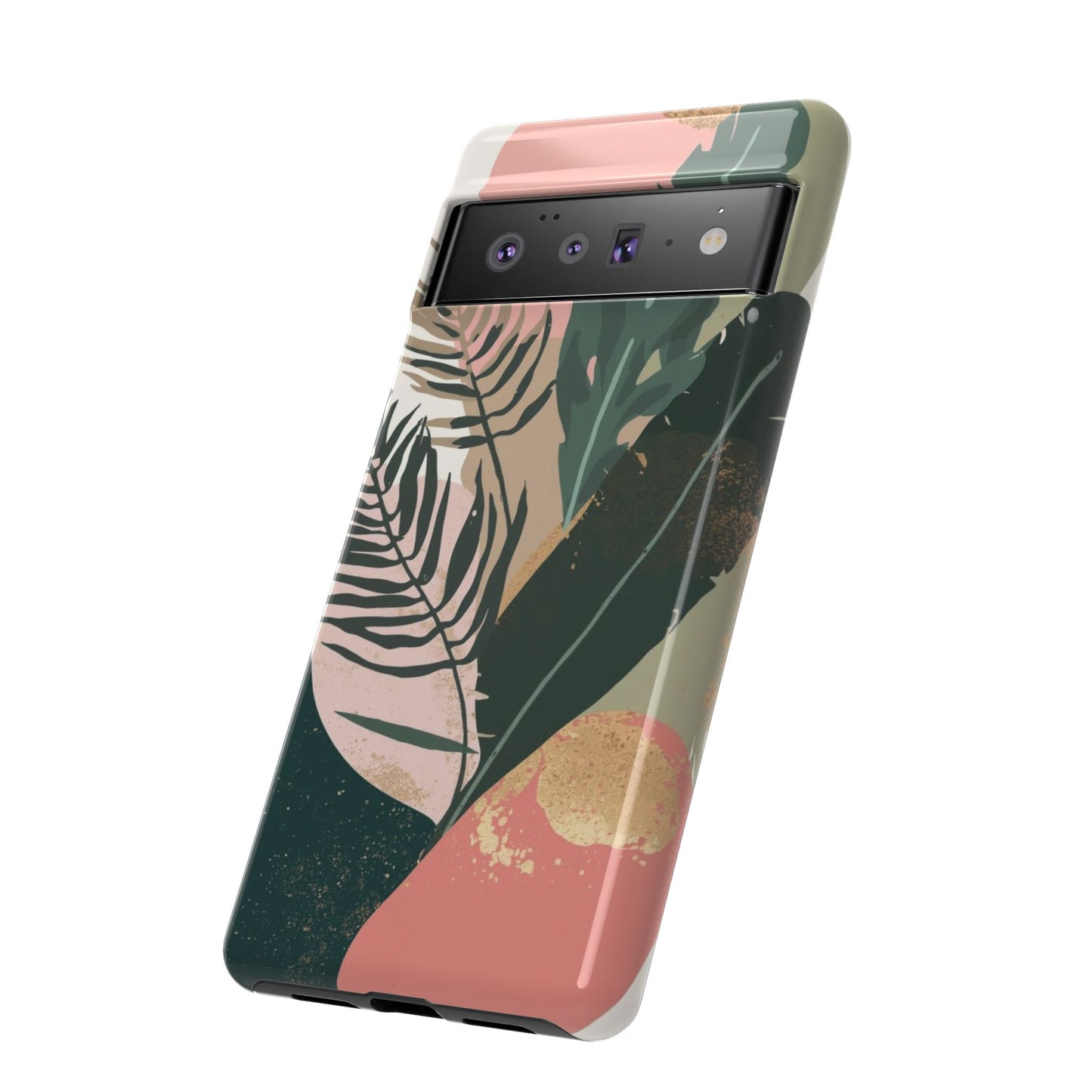 Tropical Leaf Tough Phone Case — Abstract Pink & Green Botanical Protective Cover