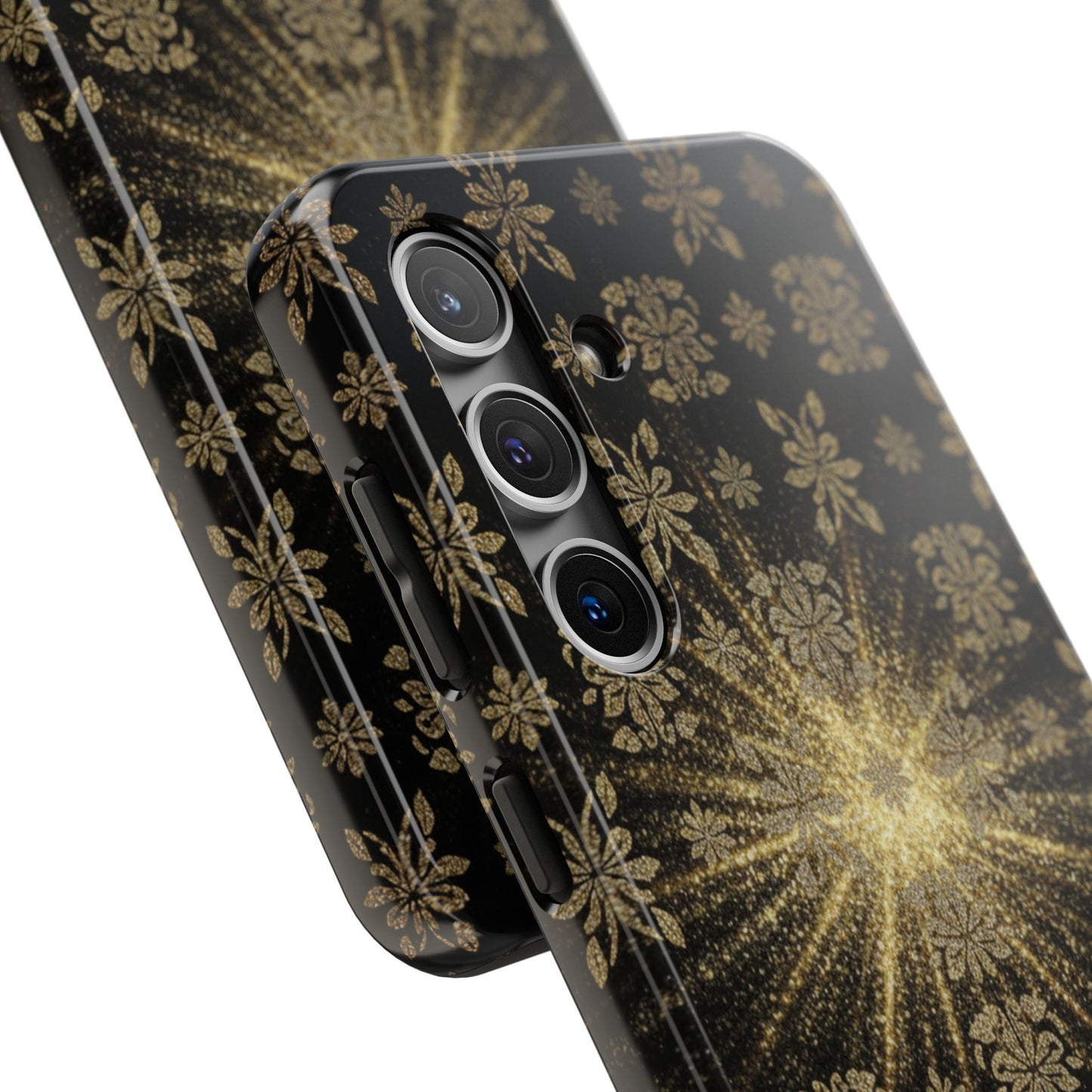 Glitter Burst Tough Phone Case — Black & Gold Floral Protective Cover