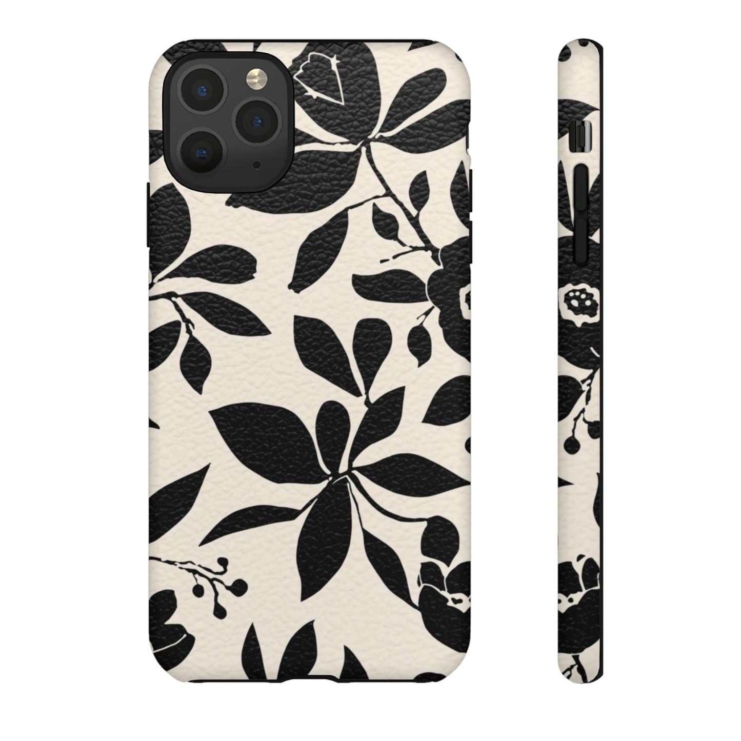 Black Floral Pattern Phone Case — Monochrome Botanical Tough Case