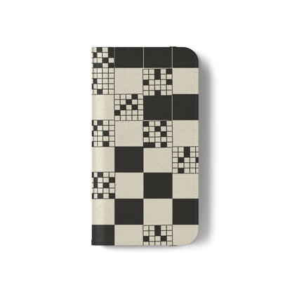 Checkerboard Flip Phone Case – Retro Black & Cream Geometric Wallet Case