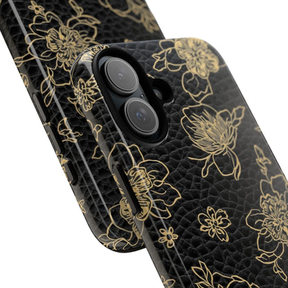 Floral Leather Phone Case — Gold Outline Flowers on Black Tough Case