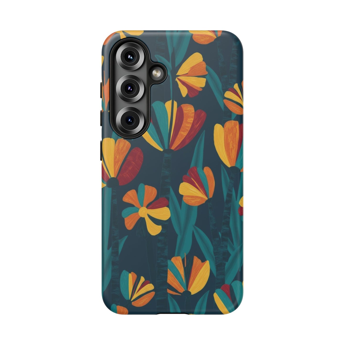 Floral Retro Teal Tough Phone Case — Vibrant Orange & Mustard Blooms