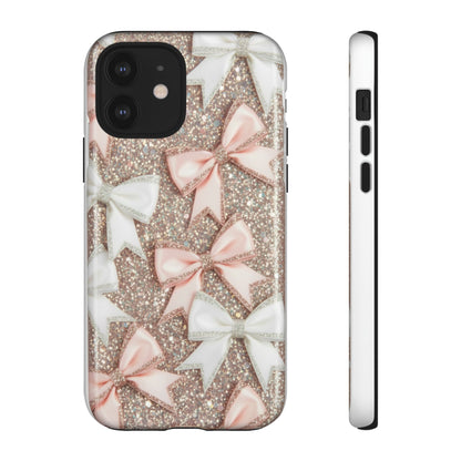 Glitter Bow Tough Phone Case — Pink & White Ribbon Protective Cover