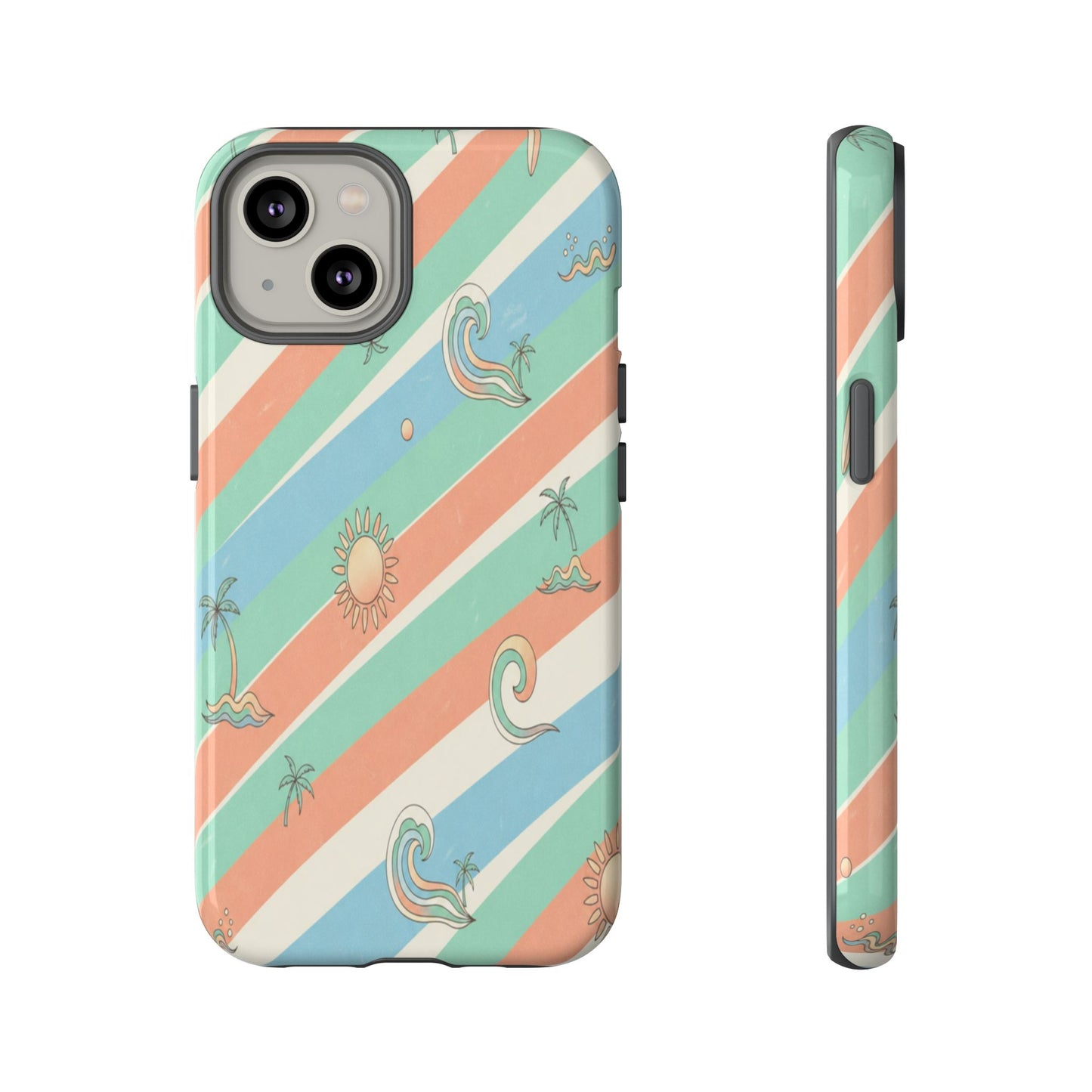 Retro Beach Stripes Phone Case — Sun, Waves & Palm Pattern Tough Case