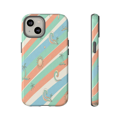 Retro Beach Stripes Phone Case — Sun, Waves & Palm Pattern Tough Case