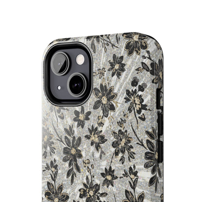 Floral Vintage Tough Phone Case — Black & Gray Rustic Flower Protective Case
