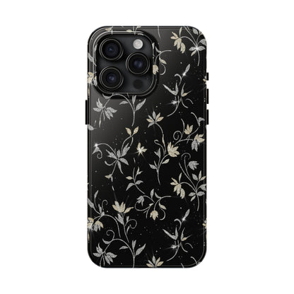 Floral Noir Tough Phone Case — Vintage Black Botanical Protective Cover